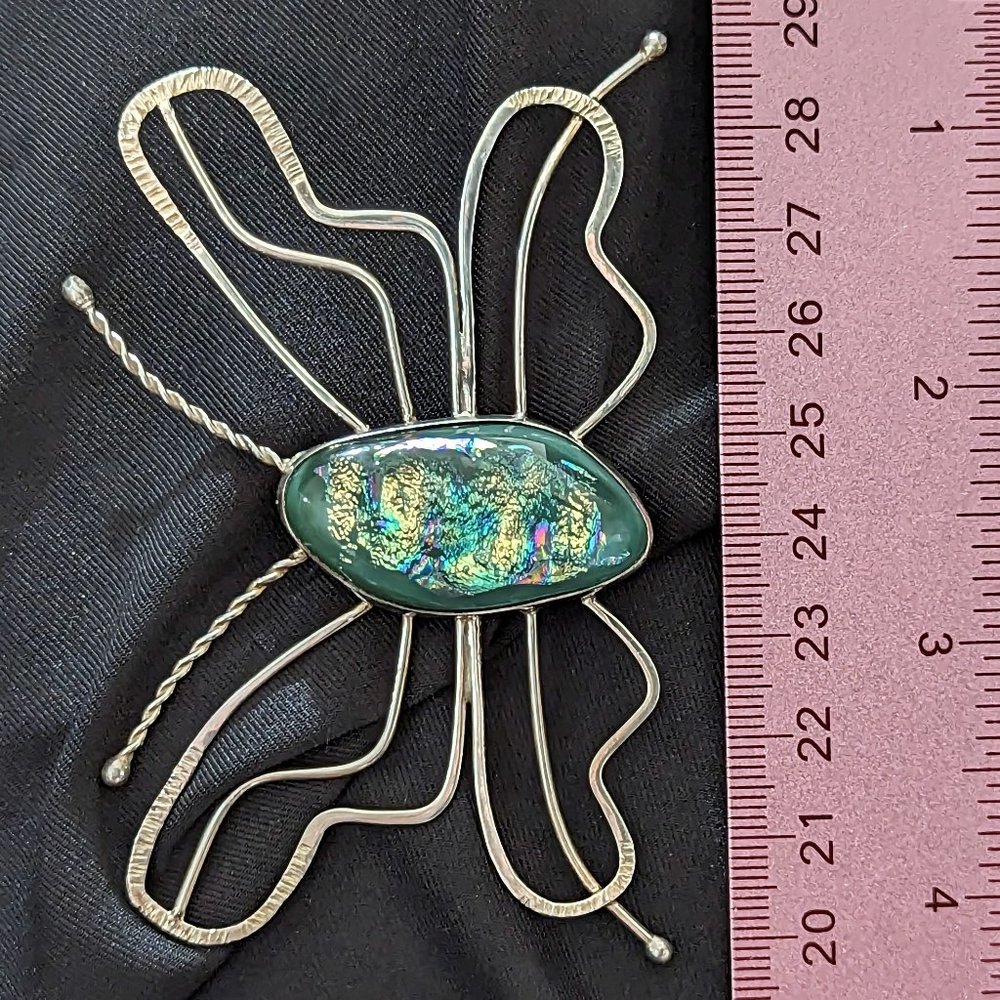 Lg BUTTERFLY Iridescent Green Dichroic RULA GLASS 925 Sterling Silver PIN Brooch - Picture 3 of 4